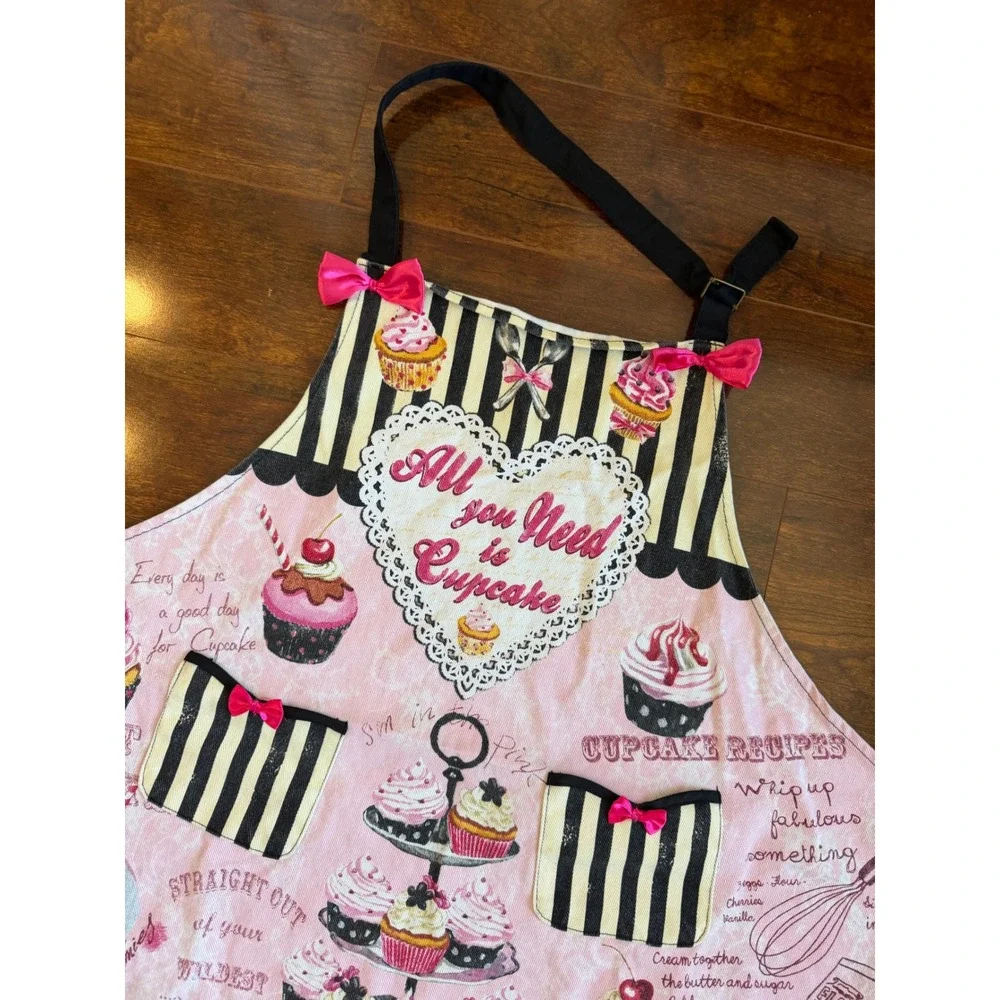 Kitchen Chic All You Need Is Cupcake Pink Black Stripe Bow Bib Apron Pockets